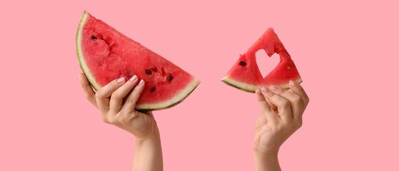 Hands holding slices of sweet watermelon on pink background