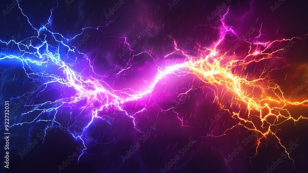 Poster purple and orange thunder collision with shock burst flash and neon glow light effect for vs design.