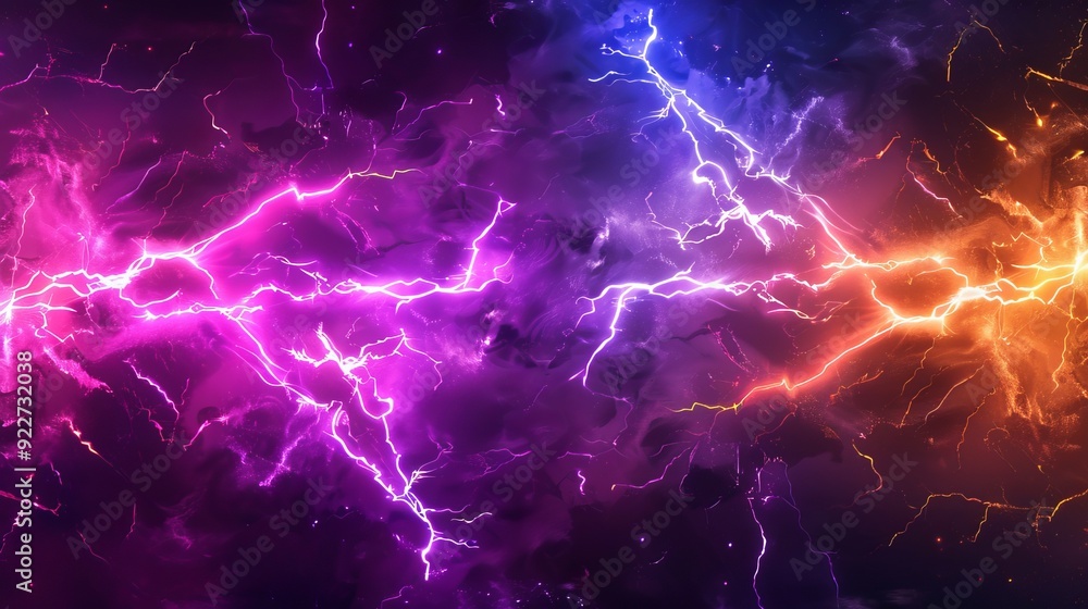 Poster purple and orange thunder collision with shock burst flash and neon glow light effect for vs design.