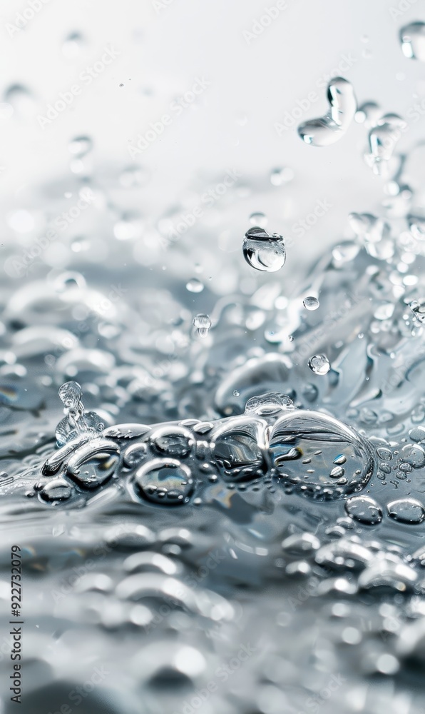 Poster close-up of clear water droplets splashing, capturing dynamic movement and transparency.