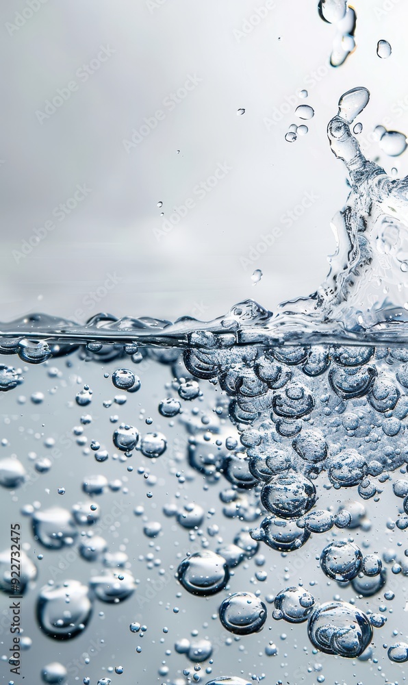 Poster close-up of clear water with numerous air bubbles in motion, creating a dynamic and refreshing visua