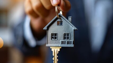 Hand presents a house-shaped keychain attached to a golden house key, symbolizing home ownership and new beginnings. - Powered by Adobe