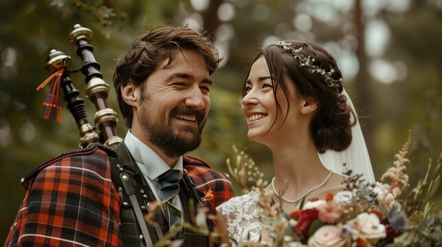 Scottish wedding with kilts and bagpipes