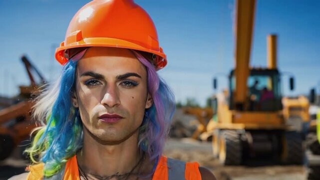 LGBTQ construction worker man serious face portrait