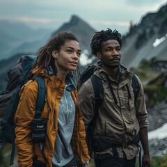 Obraz premium Adventurous couple hiking on a mountain with breathtaking views