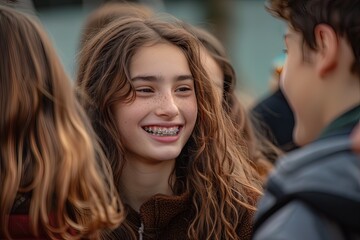 Teenage girl with braces smiling and talking with friends outdoors