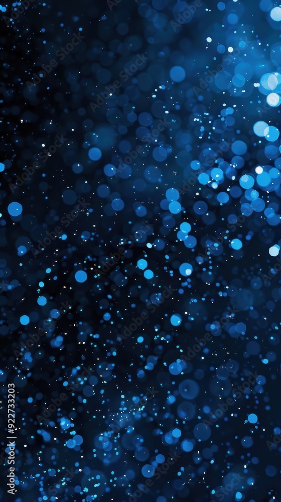 Poster abstract background of shimmering blue bokeh lights on a dark backdrop.