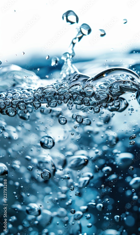 Poster close-up of bubbles rising through water, creating an abstract and dynamic scene with blue tones.