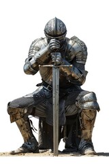 A medieval knight sits on a bench, holding his sword