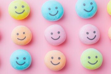 Colorful smiley face candies arranged on a pink background