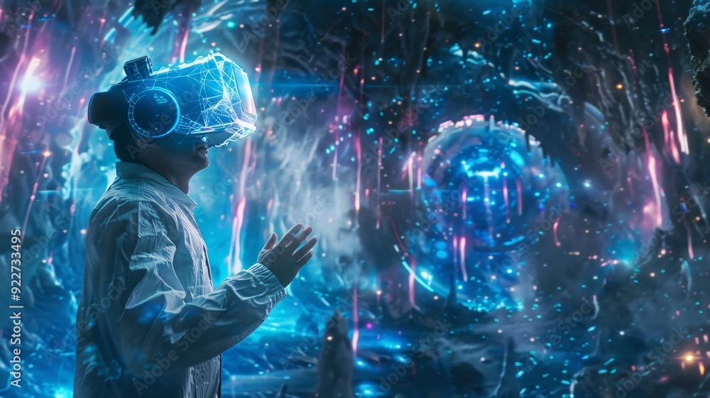 Poster user exploring a meta-universe with an advanced vr headset, navigating through an expansive digital 