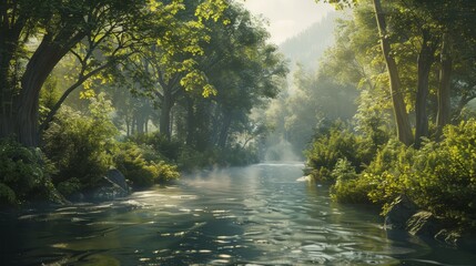 Fototapeta premium Tranquil river flowing through a dense forest