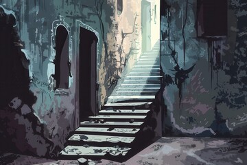 A Stairway Leading Upwards Through a Crumbling Building
