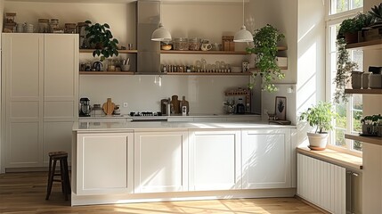 A white kitchen with an island, the wall is empty, there is a small wooden floor and shelf on the right side, in one corner there is an open cabinet filled with home cooking utensils. Generative AI.