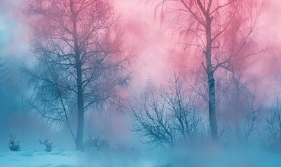 Obraz premium Winter Trees Silhouetted in Pink and Blue Fog. Atmospheric, Snow covered Woodland scene. Seasonal Banner.