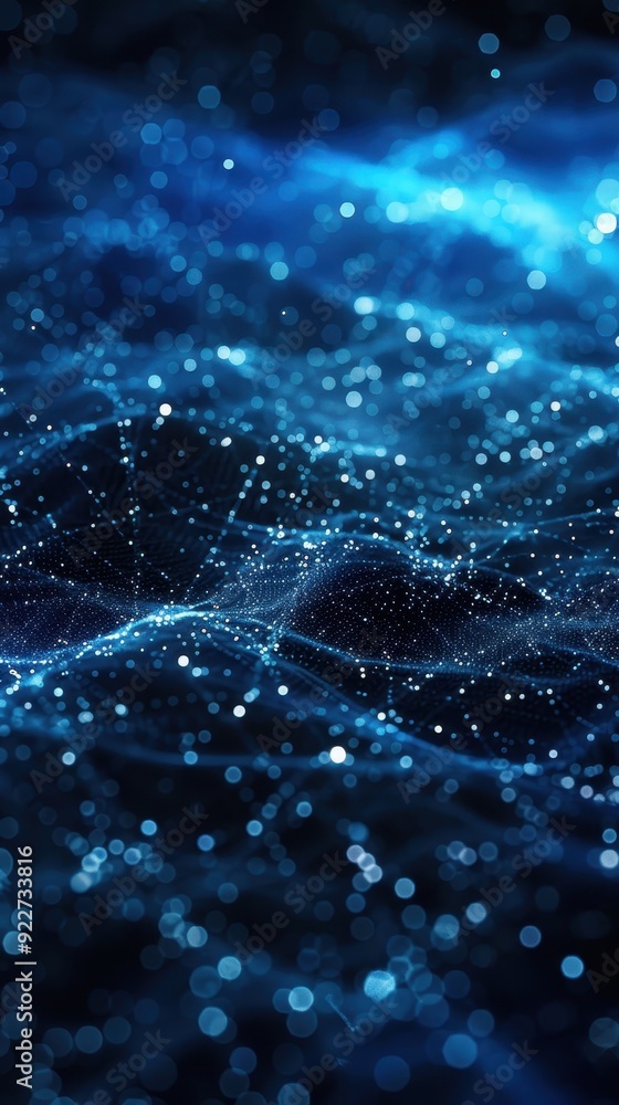 Poster abstract digital landscape with interconnected dots and lines on a blue background.