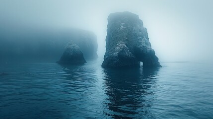 rocky shore shrouded in heavy fog in Rockport, MA. The misty softens the rugged coastline, creating a mysterious and tranquil seaside scene