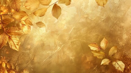 Graceful golden leaf fall on rich gold background with vibrant amber shades and soft lighting