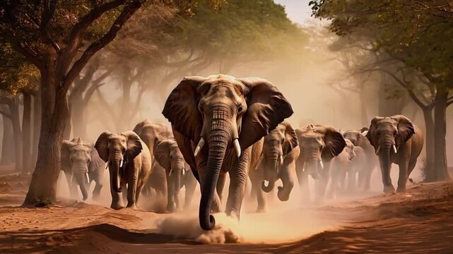 Pack of elephants running in safari