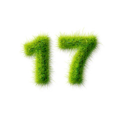 Grass letter 17 isolated on transparency background. Lawn texture alphabet with numbers on transparency background.