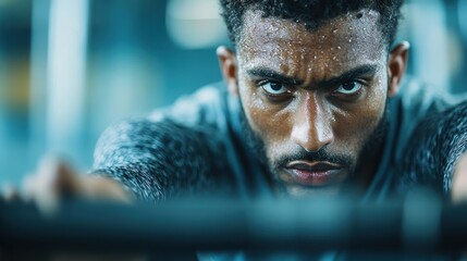 An image illustrating a person pushing their limits during a workout session, showcasing the intensity and effort involved, shot in a modern gym with blurred background elements.