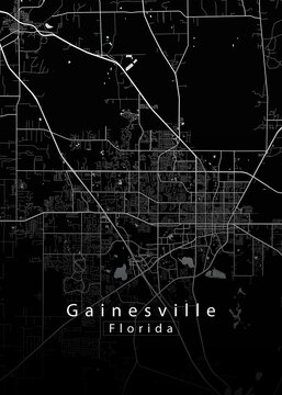 Minimalist black map of Gainesville, Florida &ndash; A modern map print highlighting infrastructure of the city, useful for tourism purposes

