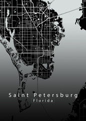 Minimalist black map of Saint Petersburg, Florida – A modern map print highlighting infrastructure of the city, useful for tourism purposes