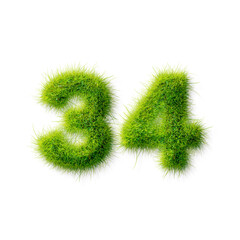 Grass letter 34 isolated on transparency background. Lawn texture alphabet with numbers on transparency background.