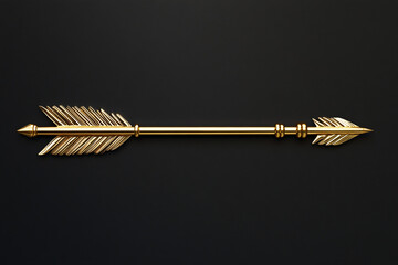 A golden arrow with intricate feather details placed horizontally against a dark background emphasizing elegance and precision