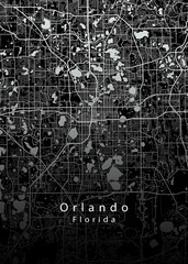 Minimalist black map of Orlando, Florida – A modern map print highlighting infrastructure of the city, useful for tourism purposes