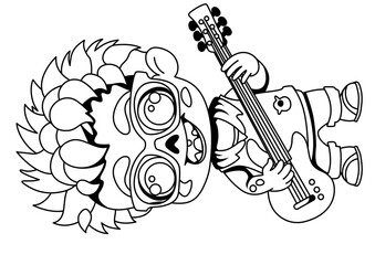 A cheerful, cartoon-style zombie in black and white, strumming an electric guitar. The zombie, with stitched-up limbs and a big smile, wears a tattered t-shirt and jeans. The monochrome design gives a