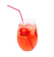 Glass of tasty strawberry drink on white background
