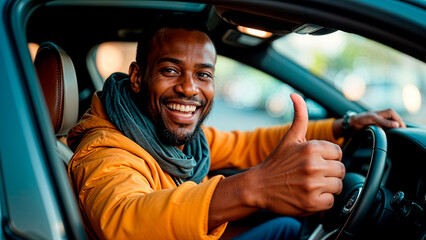 Obraz premium Happy afro american man and portrait in car with thumbs up for finance sale or dealership agreement for insurance Vehicle safety and customer with choice at showroom and thank you for luxury auto