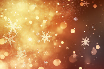 Golden holiday background with delicate snowflakes and glowing bokeh lights, creating a warm and festive atmosphere, perfect for adding text or seasonal messages with ample copy space.