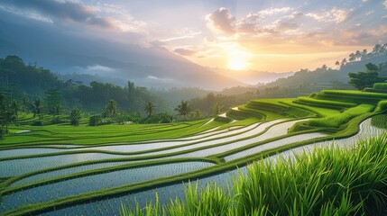 Fototapeta premium A serene landscape of rice paddies at sunrise, symbolizing growth, abundance. Generative AI.