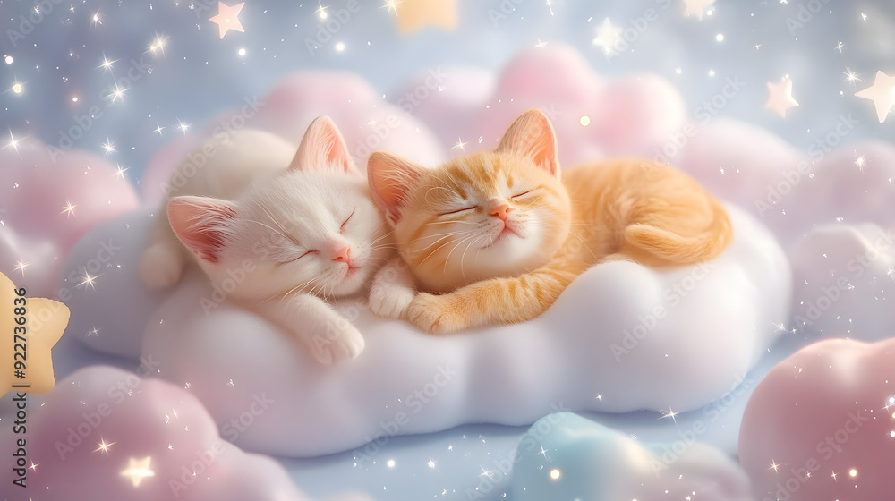 Wall mural two cute cats snuggle on a cloud in a whimsical, pastel dreamscape filled with stars.