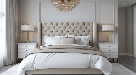 A stylish bedroom with a queen-sized bed featuring a tufted headboard in a soft gray fabric. The bedding is crisp white with gold accents, and there are matching nightstands. Generative AI.