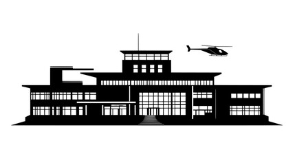 Obraz premium Building featuring a broad entrance, multiple levels, and a helipad on the rooftop, vector illustration art