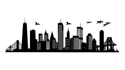 Obraz premium Bustling city skyline with tall skyscrapers, mid-rise buildings, and a prominent suspension bridge, vector illustration art