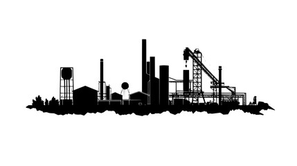 Coal mine with headframes, mine shafts, and processing facilities distributed throughout the landscape, vector illustration art