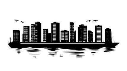 Coastal cityscape with tall modern buildings, harbor with docked ships, and promenade along the shore, vector illustration art