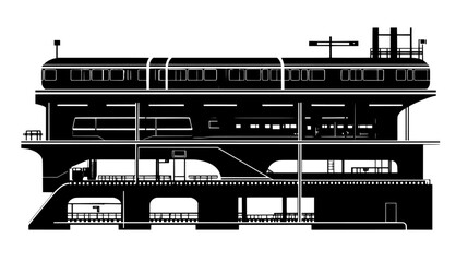 Cutaway of a train station, illustrating platforms, tracks, and underground passages, vector illustration art