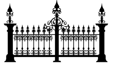 Depiction of a wrought iron fence with elaborate scrollwork and pointed finials, vector illustration art