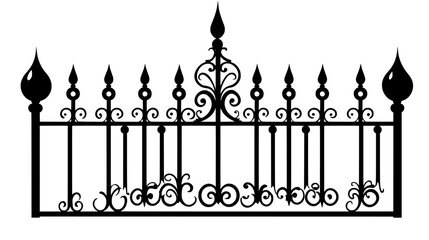 Depiction of a wrought iron fence with elaborate scrollwork and pointed finials, vector illustration art