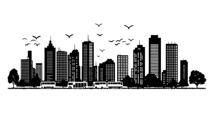 Fototapeta premium Depiction of an urban area with skyscrapers, public transportation, and green spaces, vector illustration art
