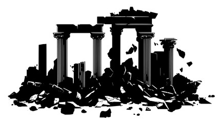 Depiction of an ancient ruin with toppled columns, broken statues, and scattered debris, vector illustration art