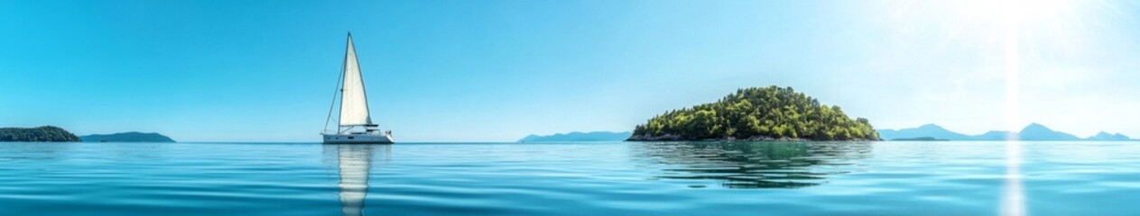 Sailing Serenity: A Majestic Sailing Yacht Glides Through the Azure Waters with an Island and Clear Blue Sky in the Background.