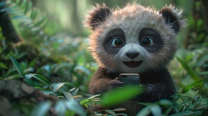 Obraz premium Baby panda holding a smartphone, surrounded by lush greenery