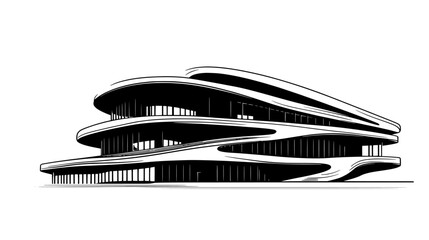 Futuristic office building with an undulating facade and spacious atrium, vector illustration art