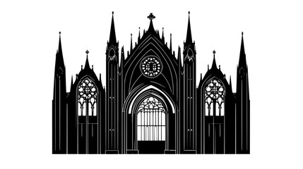 Fototapeta premium Grand cathedral with flying buttresses and tall stained glass windows, vector illustration art